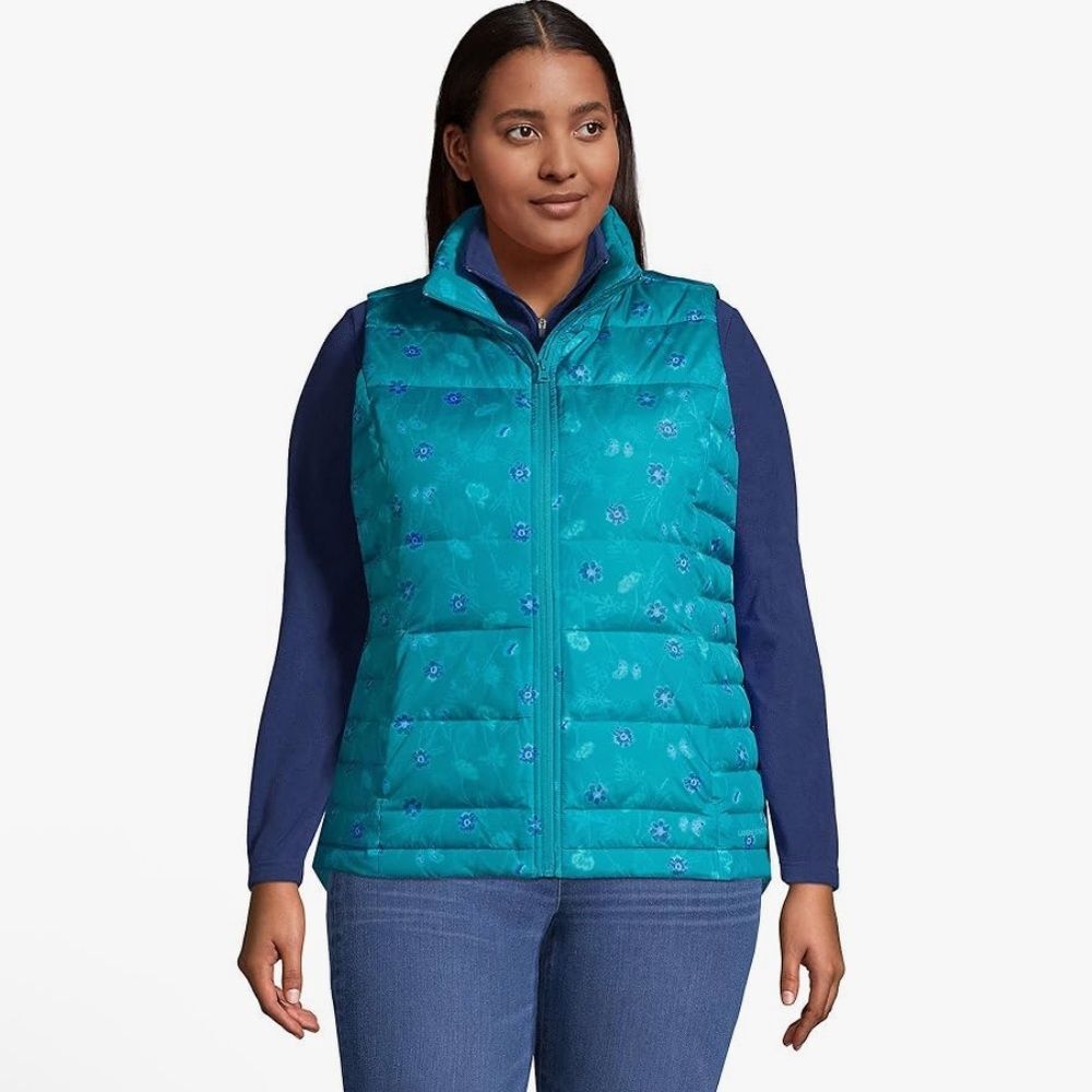 Lands' End Womens Puffer Down Vest Spade Blue Hand Dye Floral Plus Size 3X